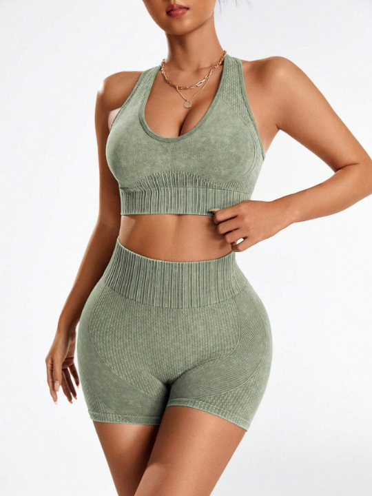 Yoga Basic Round Neck Ribbed Tank Top And Shorts Elastic Sports Set