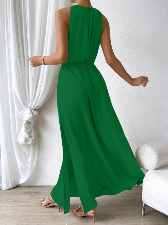 Priv Solid Color Sleeveless Maxi Dress With Waist Tie And Side Slit