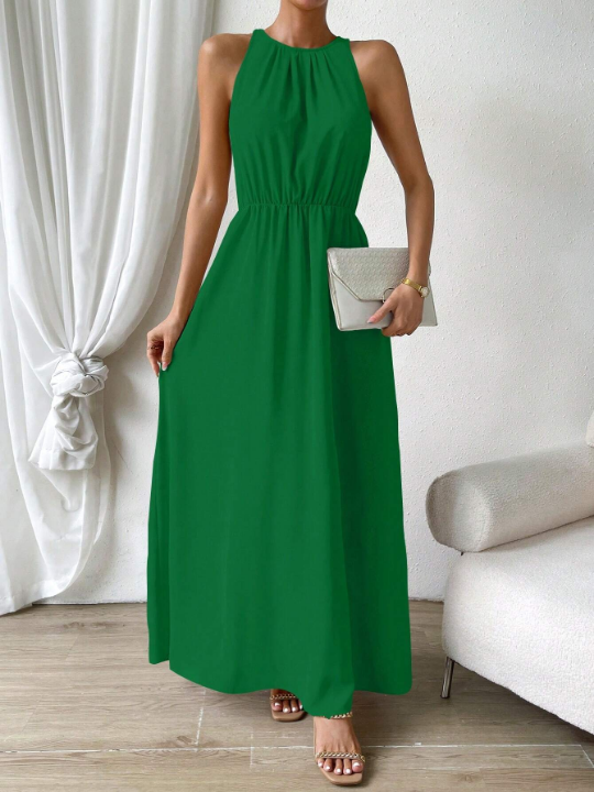 Priv Solid Color Sleeveless Maxi Dress With Waist Tie And Side Slit