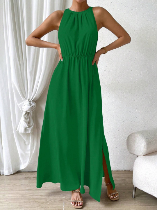 Priv Solid Color Sleeveless Maxi Dress With Waist Tie And Side Slit