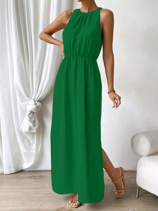 Priv Solid Color Sleeveless Maxi Dress With Waist Tie And Side Slit