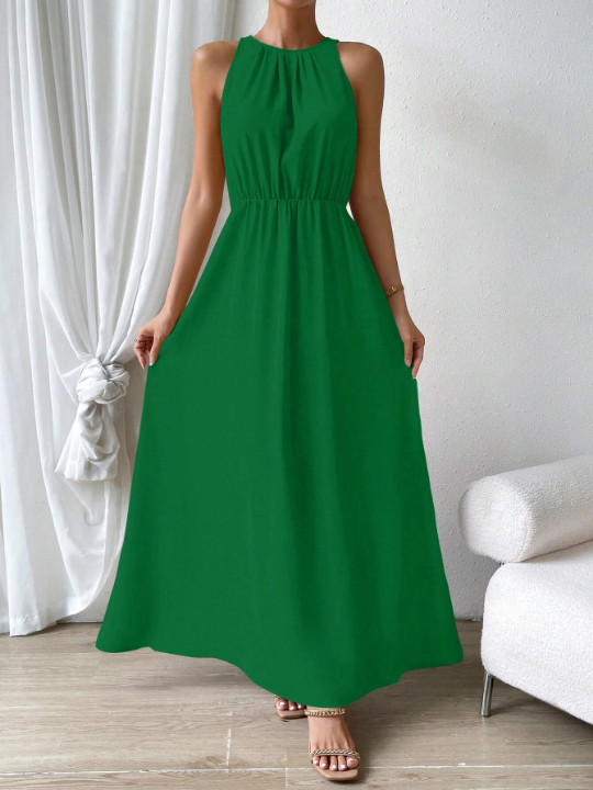 Priv Solid Color Sleeveless Maxi Dress With Waist Tie And Side Slit