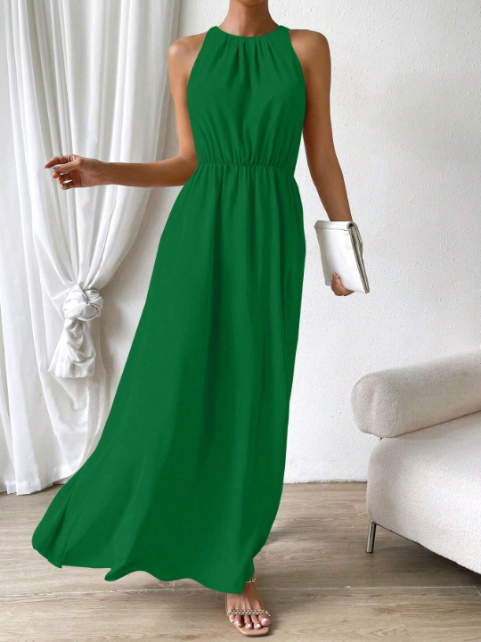 Priv Solid Color Sleeveless Maxi Dress With Waist Tie And Side Slit