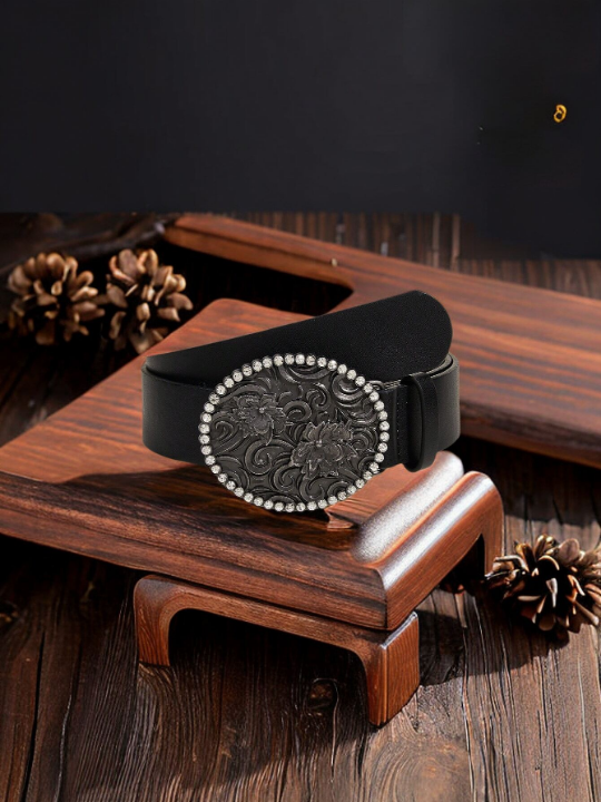 Western Style Wide Women's Belt With Pu Leather & Big Antique Silver Buckle