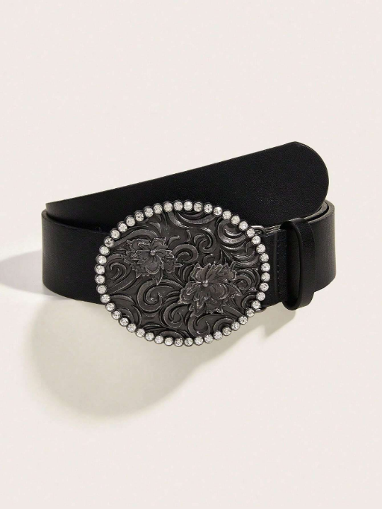 Western Style Wide Women's Belt With Pu Leather & Big Antique Silver Buckle