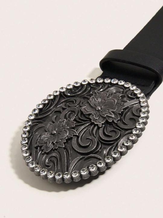 Western Style Wide Women's Belt With Pu Leather & Big Antique Silver Buckle