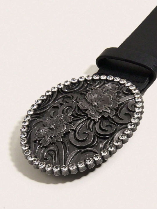 Western Style Wide Women's Belt With Pu Leather & Big Antique Silver Buckle