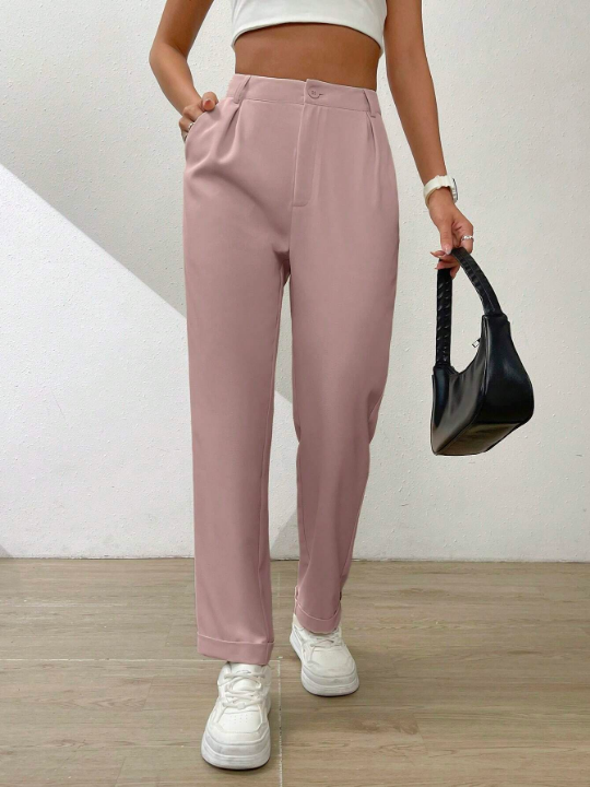 Essnce Solid Color Pleated Wide-Leg Trousers With Slanted Pockets