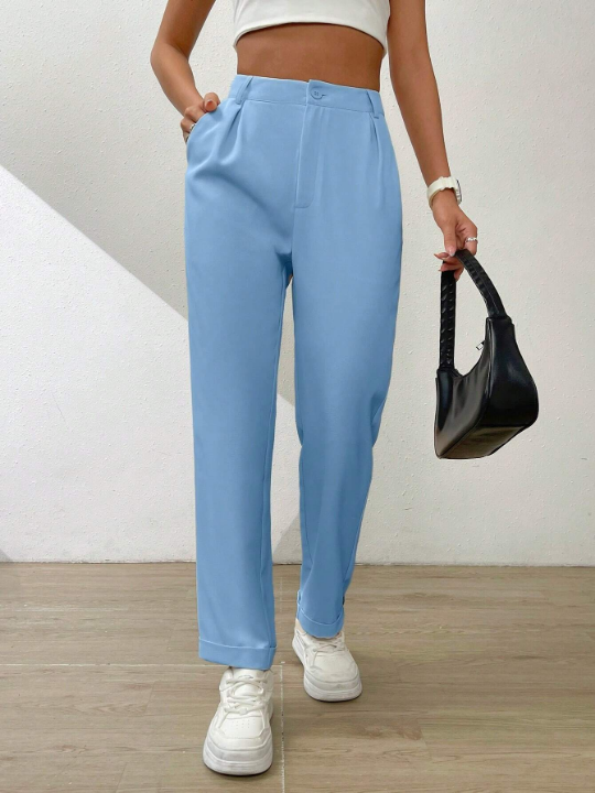 Essnce Solid Color Casual Straight-Leg Pants With Pleats And Slanted Pockets