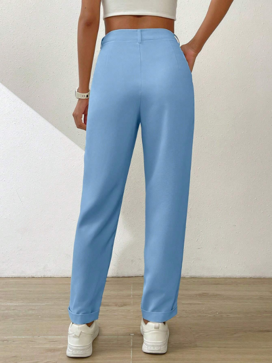 Essnce Solid Color Casual Straight-Leg Pants With Pleats And Slanted Pockets