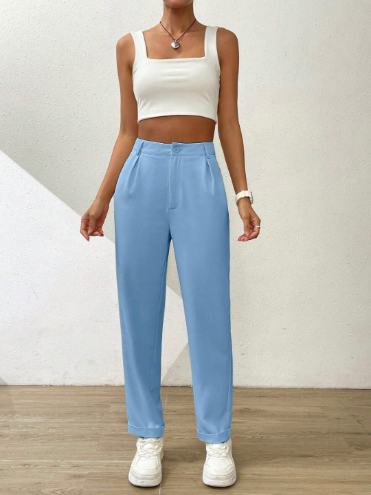 Essnce Solid Color Casual Straight-Leg Pants With Pleats And Slanted Pockets