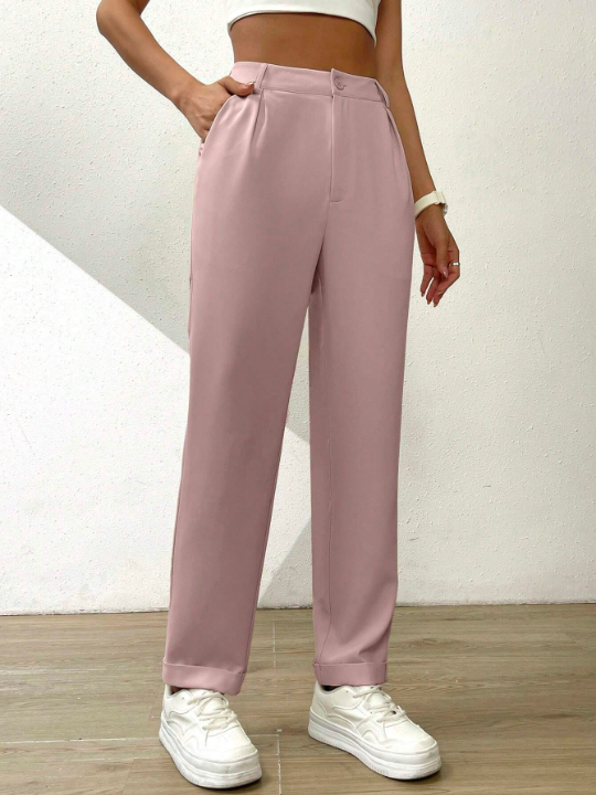 Essnce Solid Color Pleated Wide-Leg Trousers With Slanted Pockets