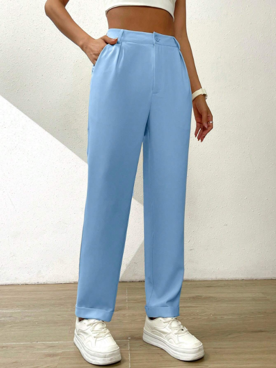 Essnce Solid Color Casual Straight-Leg Pants With Pleats And Slanted Pockets