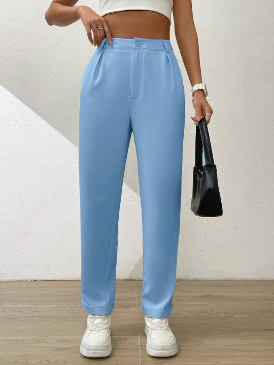 Essnce Solid Color Casual Straight-Leg Pants With Pleats And Slanted Pockets