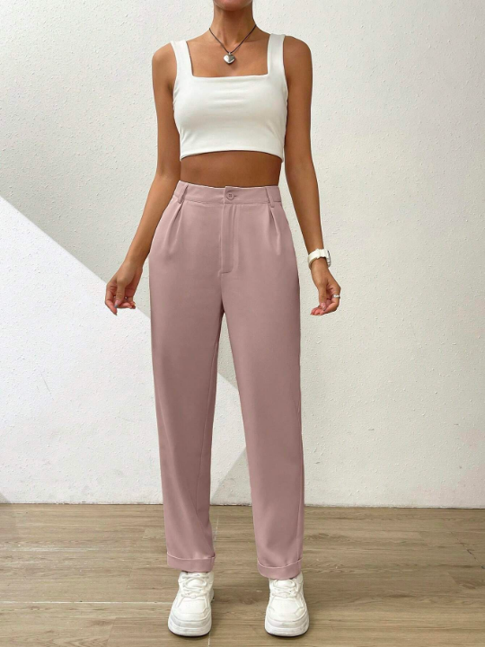 Essnce Solid Color Pleated Wide-Leg Trousers With Slanted Pockets