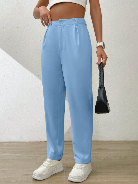 Essnce Solid Color Casual Straight-Leg Pants With Pleats And Slanted Pockets