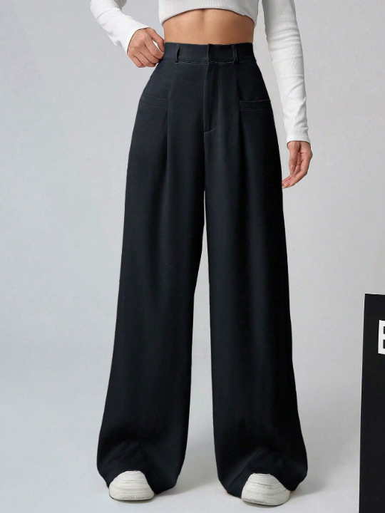 EZwear Solid Color Wide-Leg Pleated Casual Pants