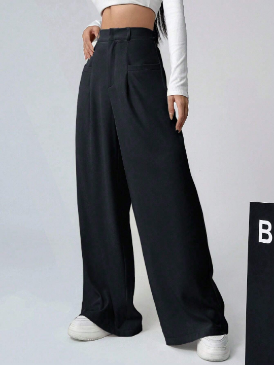 EZwear Solid Color Wide-Leg Pleated Casual Pants