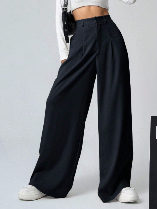 EZwear Solid Color Wide-Leg Pleated Casual Pants