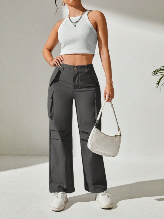 PETITE Solid Flap Pocket Cargo Black Pants