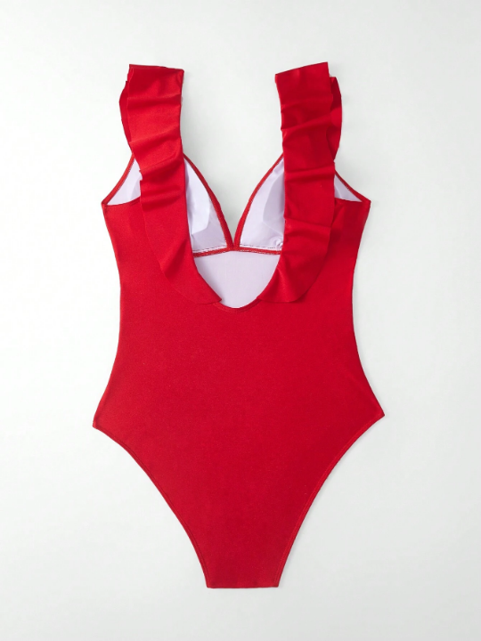 Solid Color Ruffled One-Piece Swimsuit