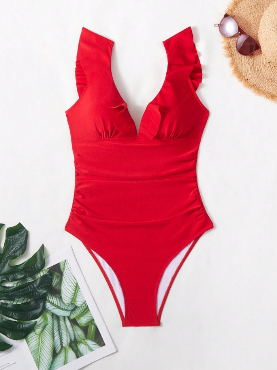 Solid Color Ruffled One-Piece Swimsuit