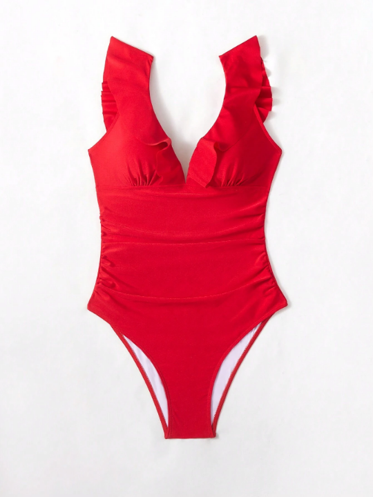 Solid Color Ruffled One-Piece Swimsuit