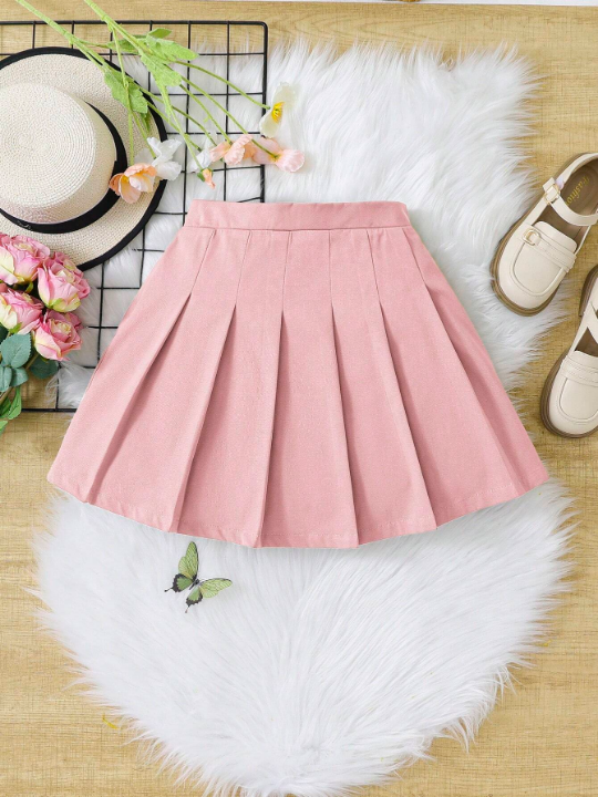 Tween Girls' Sweet & Cool Style Solid Color Pleated Skirt For Daily Wear