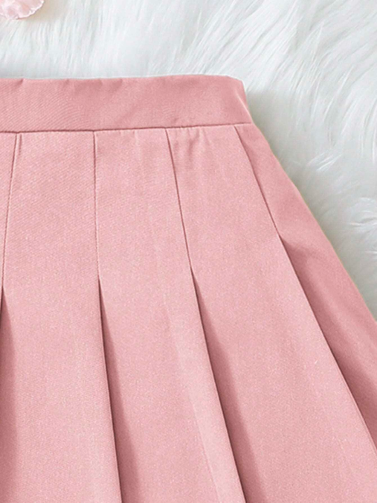 Tween Girls' Sweet & Cool Style Solid Color Pleated Skirt For Daily Wear