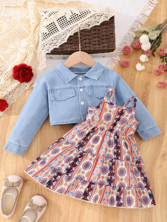 Baby Girl Flap Detail Jacket & Floral Print Slip Dress