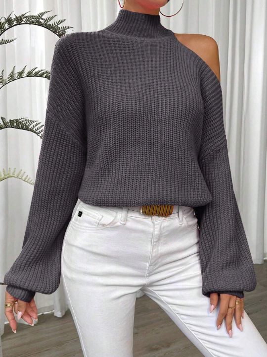 Essnce Women's Solid Color Stand Collar Off Shoulder Sweater