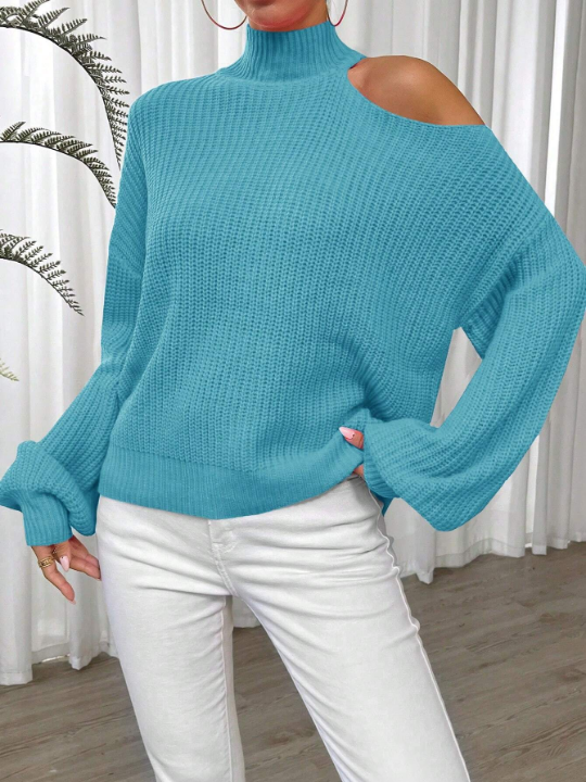 Essnce Women's Solid Color Turtleneck Off Shoulder Sweater