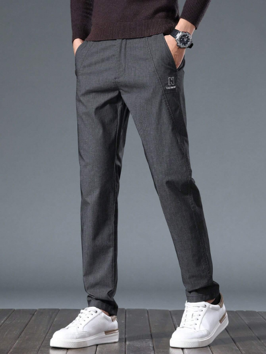 Men's Solid Color Pants With Letter Print And Pockets