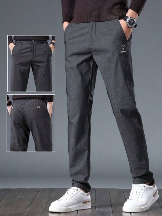 Men's Solid Color Pants With Letter Print And Pockets