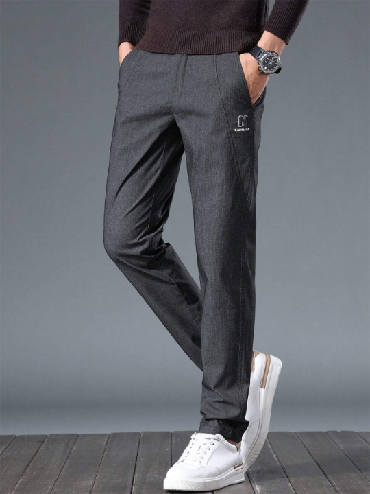 Men's Solid Color Pants With Letter Print And Pockets