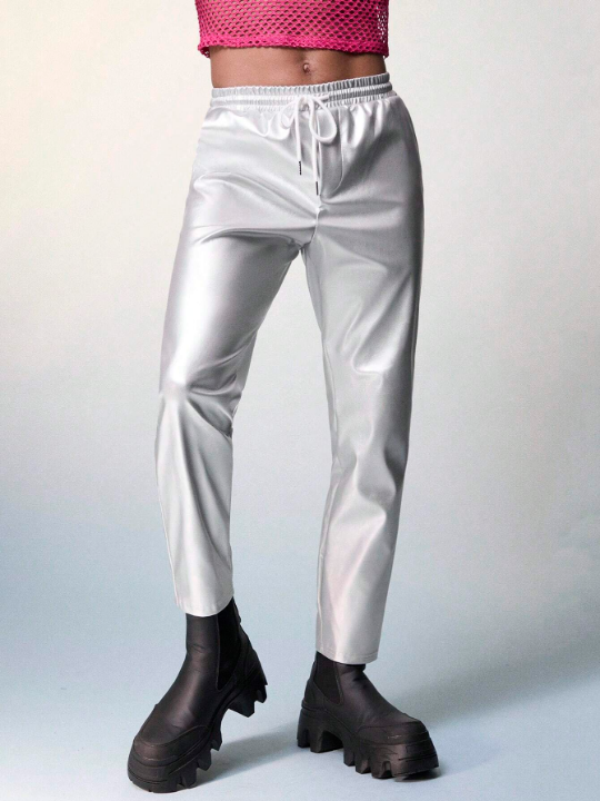FeverCity Men's Elastic Waist Woven Pu Casual Long Pants With Drawstring