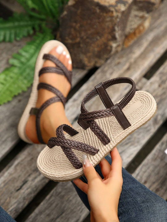 Ladies' Elastic Band Round Toe Rope Sole Lightweight Sandals, Summer Flat Sandals For Young Women