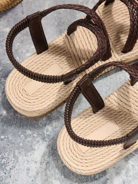 Ladies' Elastic Band Round Toe Rope Sole Lightweight Sandals, Summer Flat Sandals For Young Women