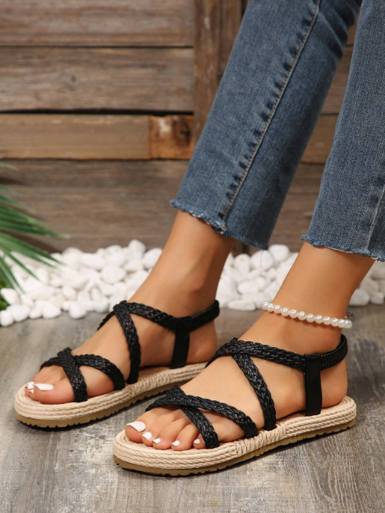 Women's Insole Round Toe Elastic Band Lightweight Sandals, Simple Style Youth Daily Summer Flat Shoes