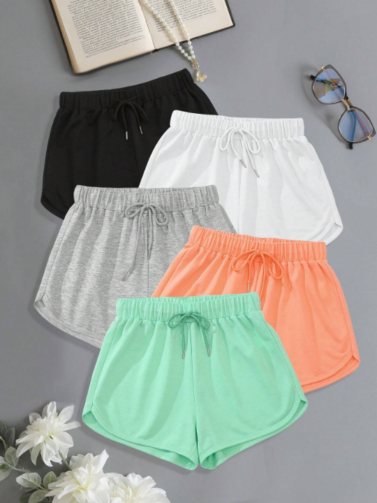 Women's Simple Solid Color Elastic Waist Drawstring Sports Shorts