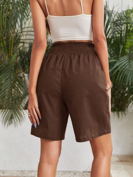 EZwear Woven Solid Color Elastic Waist Casual Shorts