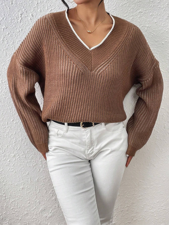 Priv Women's Simple Solid Color Long Sleeve V-Neck Pullover Sweater