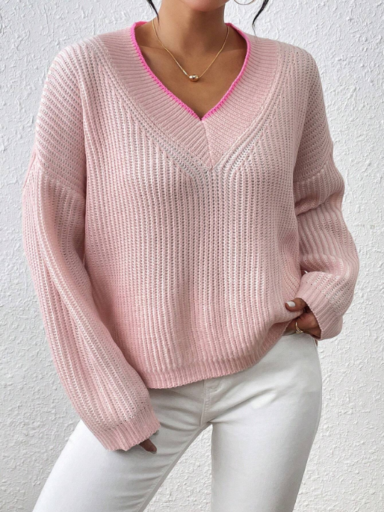 Priv Women's V-Neck Casual Sweater With Dropped Shoulder