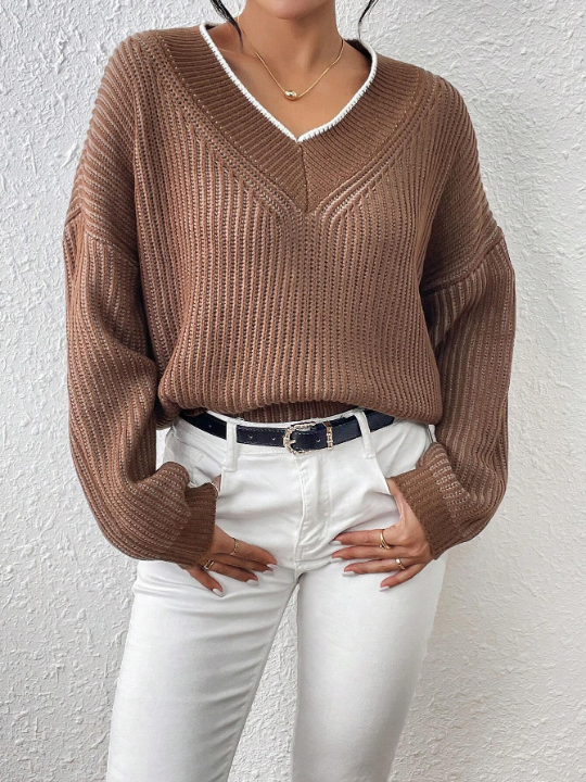 Priv Women's Simple Solid Color Long Sleeve V-Neck Pullover Sweater