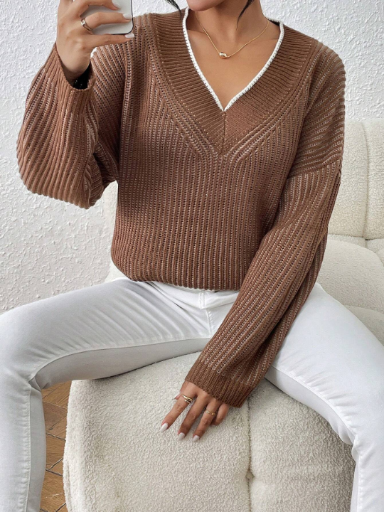 Priv Women's Simple Solid Color Long Sleeve V-Neck Pullover Sweater