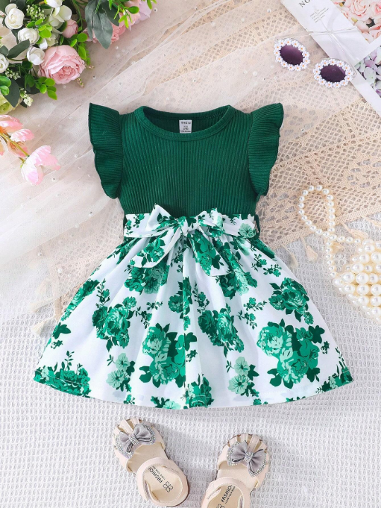 Baby Girl Short Flutter Sleeve Dress With Ribbed Collar And Floral Print Panel