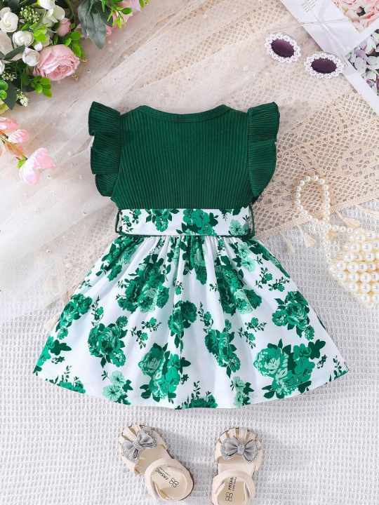 Baby Girl Short Flutter Sleeve Dress With Ribbed Collar And Floral Print Panel