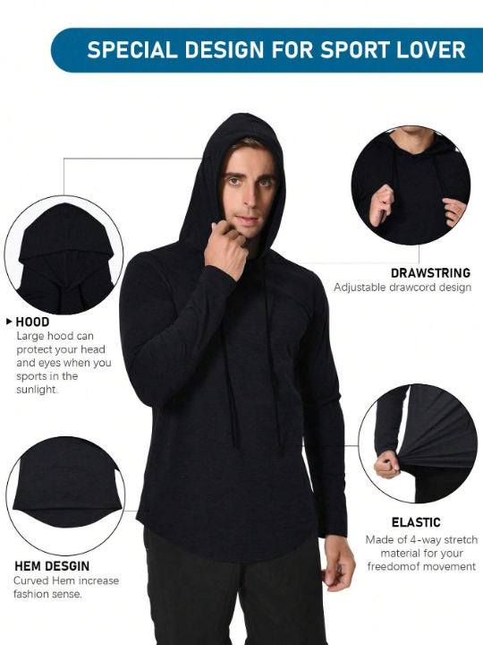 Running Men Raglan Sleeve Drawstring Hooded Sports Sweatshirt