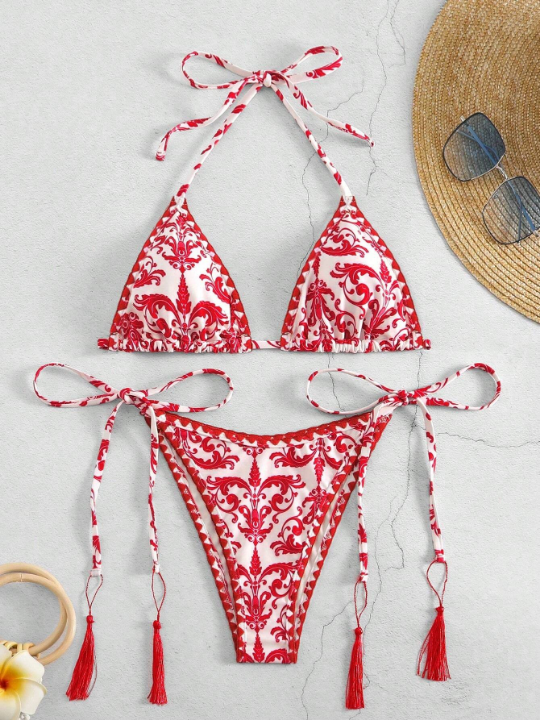 Printed Halter Neck Bikini Two Piece Swimsuits Set, String Beach Outfit Bathing Suit Summer