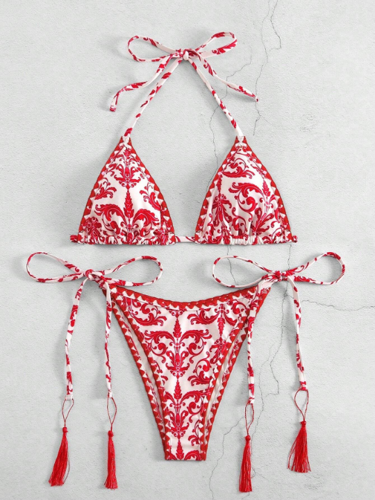 Printed Halter Neck Bikini Two Piece Swimsuits Set, String Beach Outfit Bathing Suit Summer